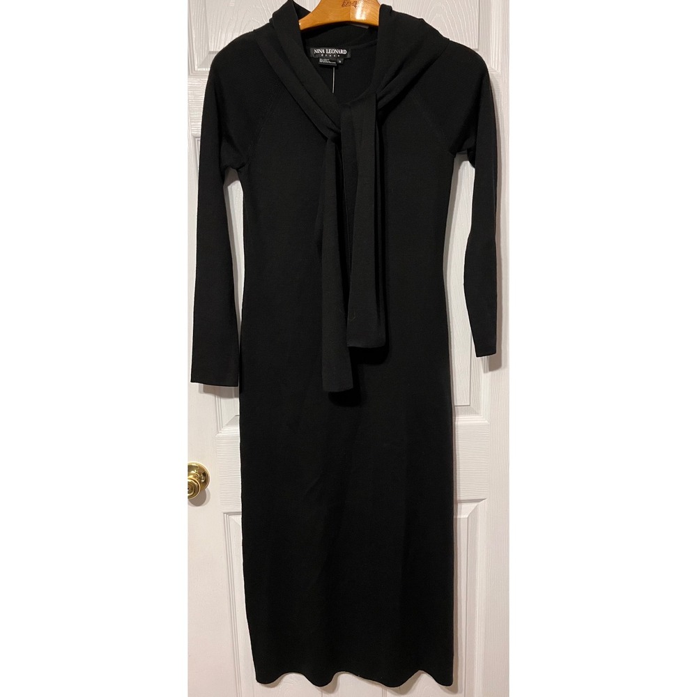 Nina Leonard Black Wool Blend Sweater Dress Scarf‎ Shawl Neckline  NEW Womens M